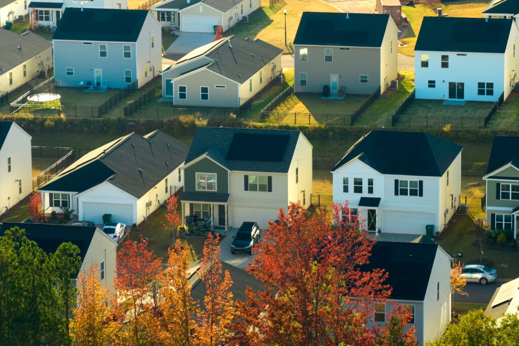 Aerial view of tightly packed homes in South Carolina residential area.